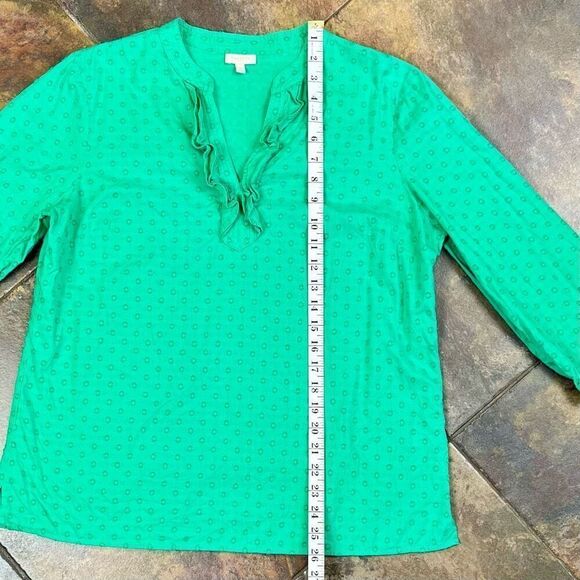 Talbots Green Texture Dots V-neck Ruffle Blouse Medium - Picture 8 of 11